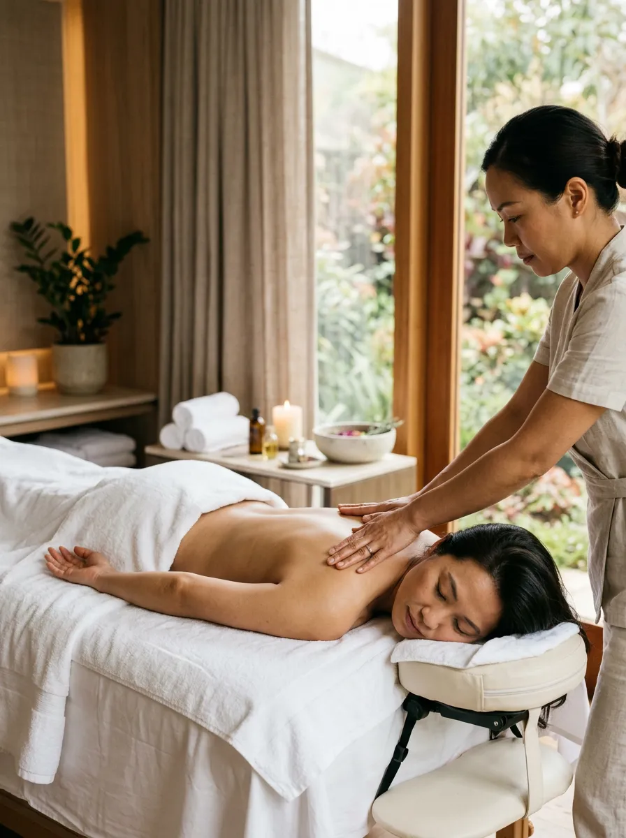 A therapist giving a meridian massage in a calm treatment room